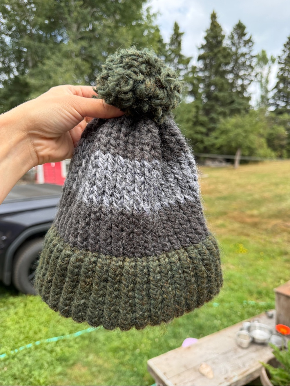 Handmade Pom-Pom Knit Beanie Hat - Olive & Gray